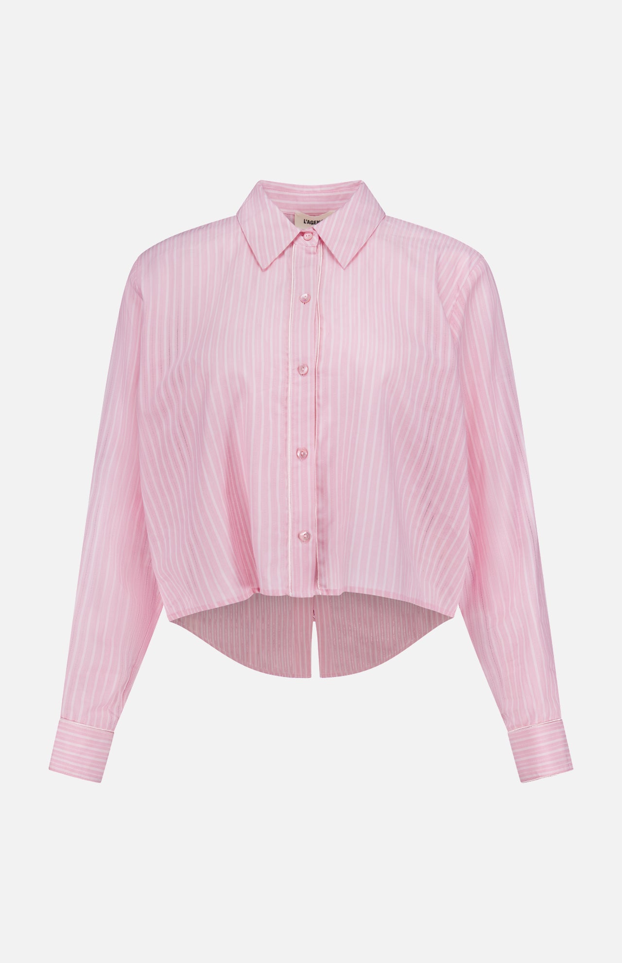 The Cosette Cropped Back Slit Shirt by L'AGENCE is a light pink cotton long-sleeve shirt with white vertical stripes, a pointed collar, and a cropped hem. Displayed on a plain white background.