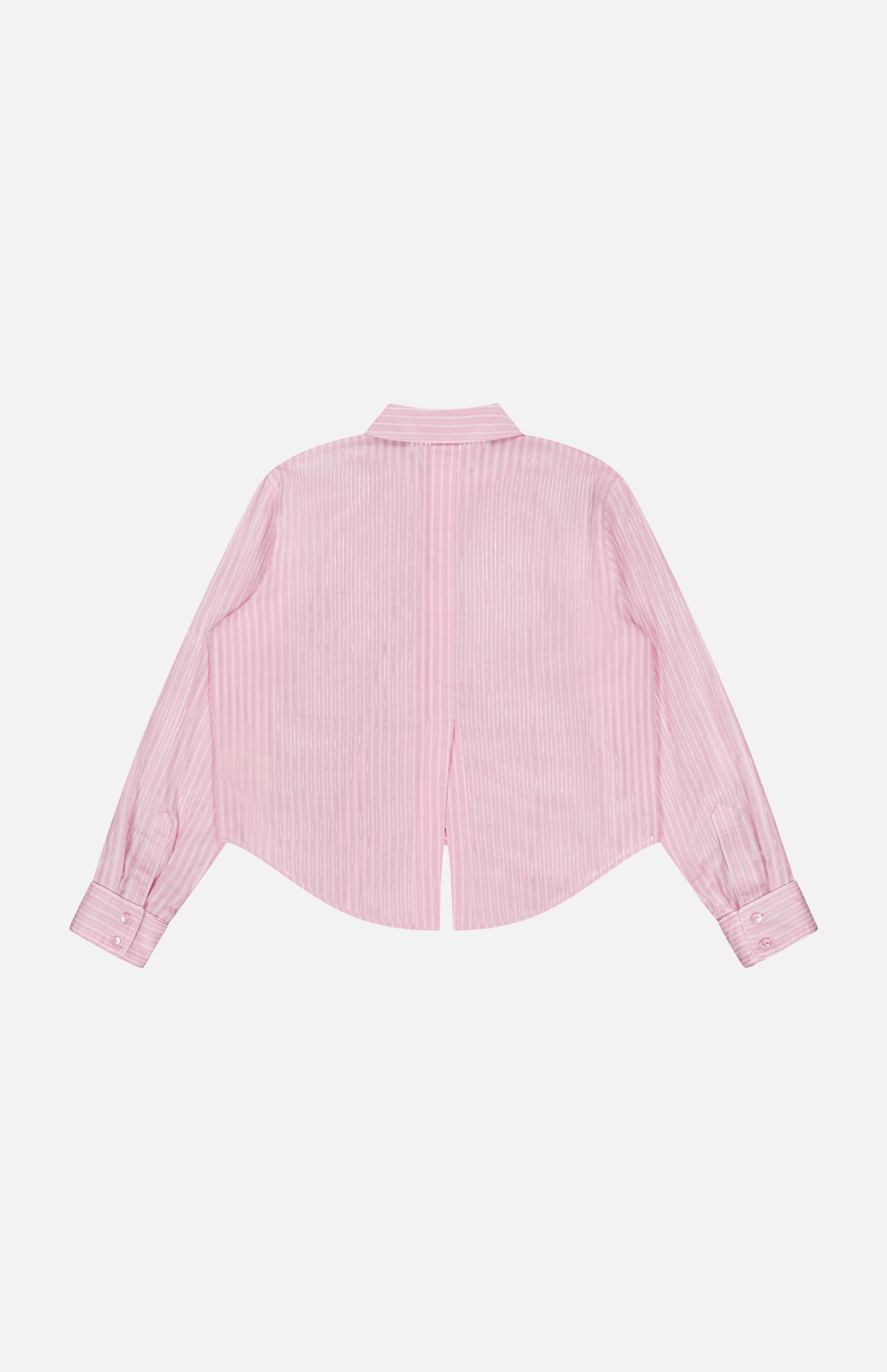 The L'AGENCE Cosette Cropped Back Slit Shirt is a light pink, long-sleeve cotton shirt with subtle white stripes. Shown from the back against a white background, it features a straight collar, buttoned cuffs, and a refined finish.