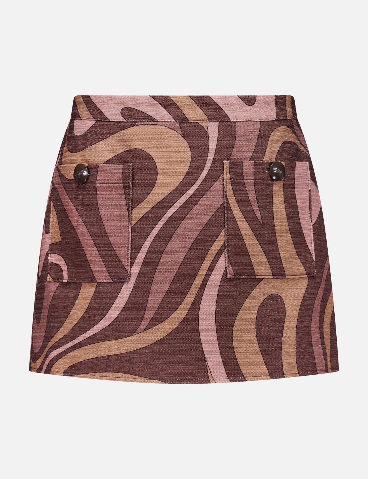 The Cyra Low Rise Mini Skirt by L'AGENCE features front buttoned flap pockets and an abstract swirl print in brown, pink, and tan, perfectly capturing the iconic 70s retro style.