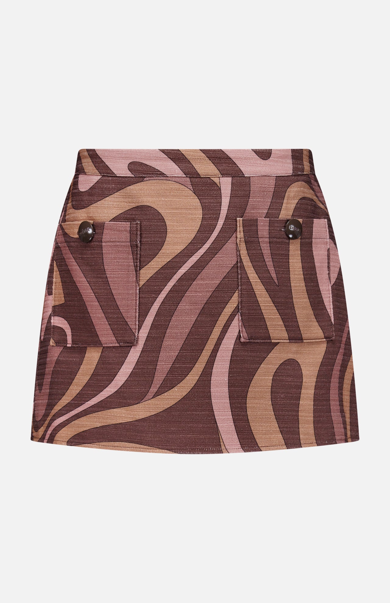 The Cyra Low Rise Mini Skirt by L'AGENCE features front buttoned flap pockets and an abstract swirl print in brown, pink, and tan, perfectly capturing the iconic 70s retro style.