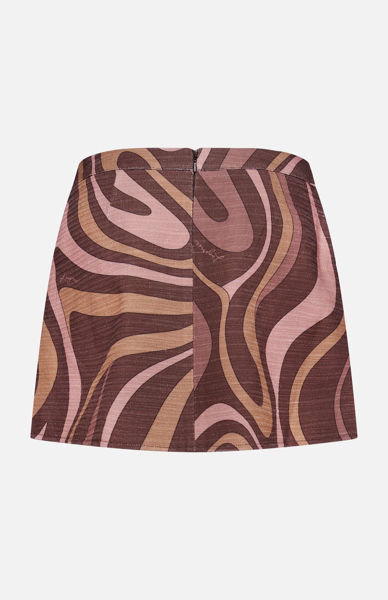 The Cyra Low Rise Mini Skirt by L'AGENCE features a retro wavy abstract swirl print in brown, pink, and beige tones, with a visible back zipper, shown laid flat on a white background.