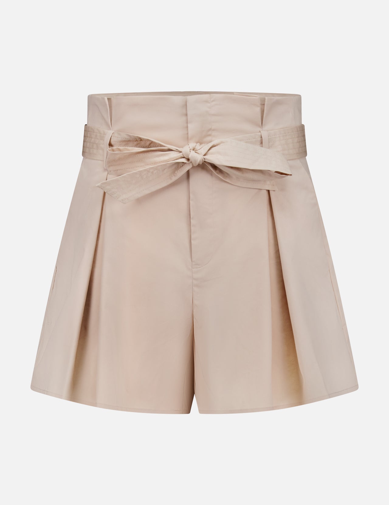 The Damira Paperbag Short by L'AGENCE features a beige hue, side pleats, and a matching self-tie belt bow at the front, shown against a plain white background.