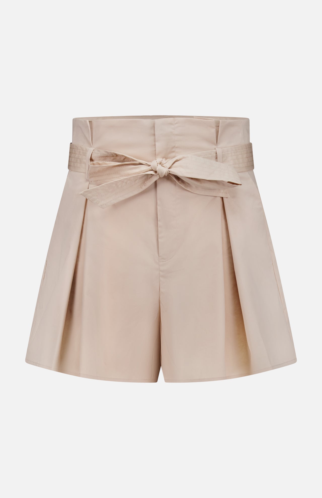 The Damira Paperbag Short by L'AGENCE features a beige hue, side pleats, and a matching self-tie belt bow at the front, shown against a plain white background.