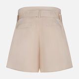 Back view of the L'AGENCE Damira Paperbag Short in beige, featuring a matching self-tie belt and two welt pockets, displayed against a plain white background.