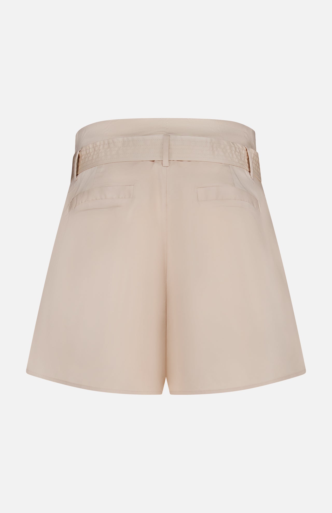 Back view of the L'AGENCE Damira Paperbag Short in beige, featuring a matching self-tie belt and two welt pockets, displayed against a plain white background.