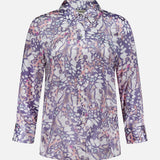 The L'AGENCE Dani 3/4 Sleeve Butterfly Print Blouse is a button-up collared silk top featuring a purple, white, and pink abstract leaf and branch print on a light background.