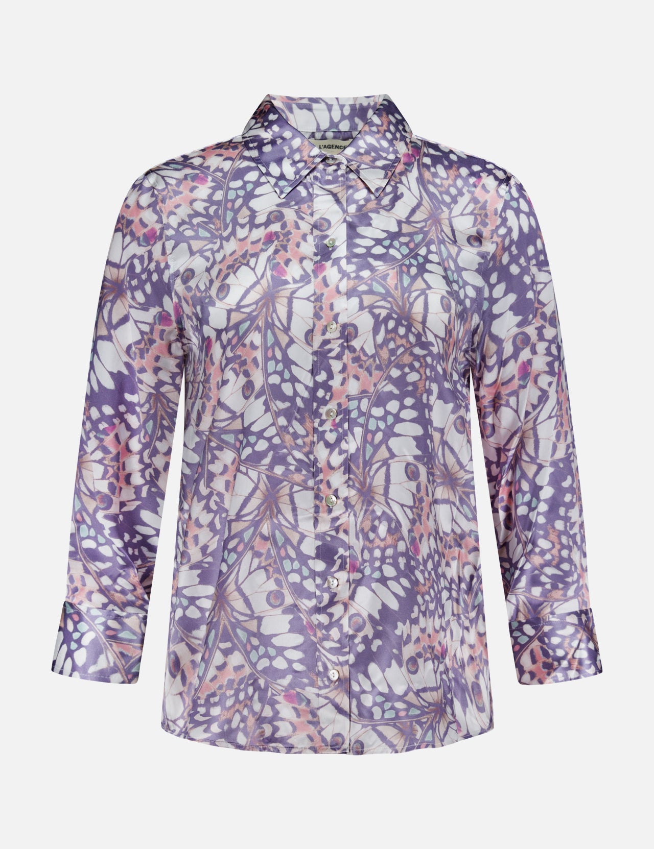 The L'AGENCE Dani 3/4 Sleeve Butterfly Print Blouse is a button-up collared silk top featuring a purple, white, and pink abstract leaf and branch print on a light background.