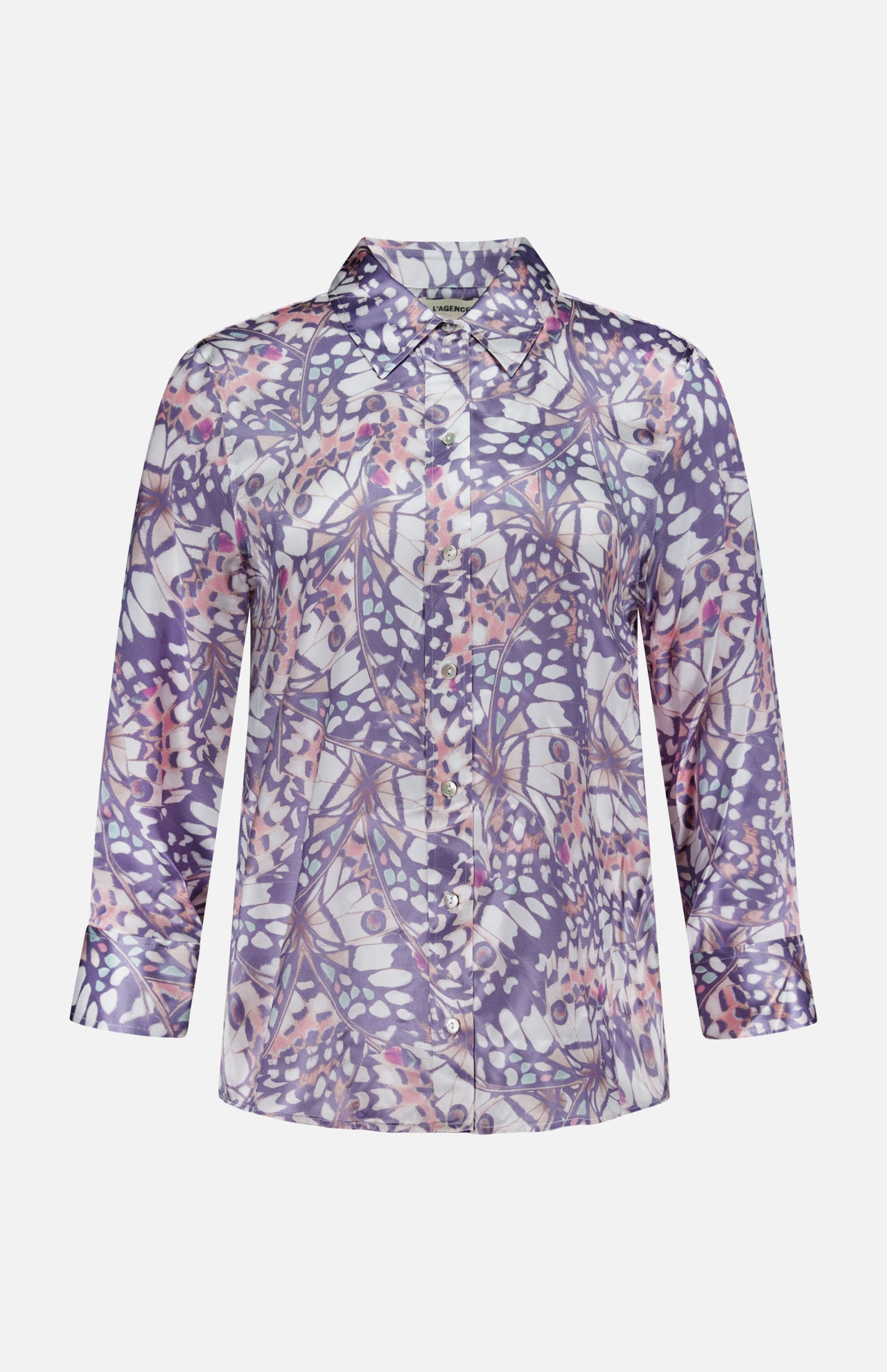 The L'AGENCE Dani 3/4 Sleeve Butterfly Print Blouse is a button-up collared silk top featuring a purple, white, and pink abstract leaf and branch print on a light background.