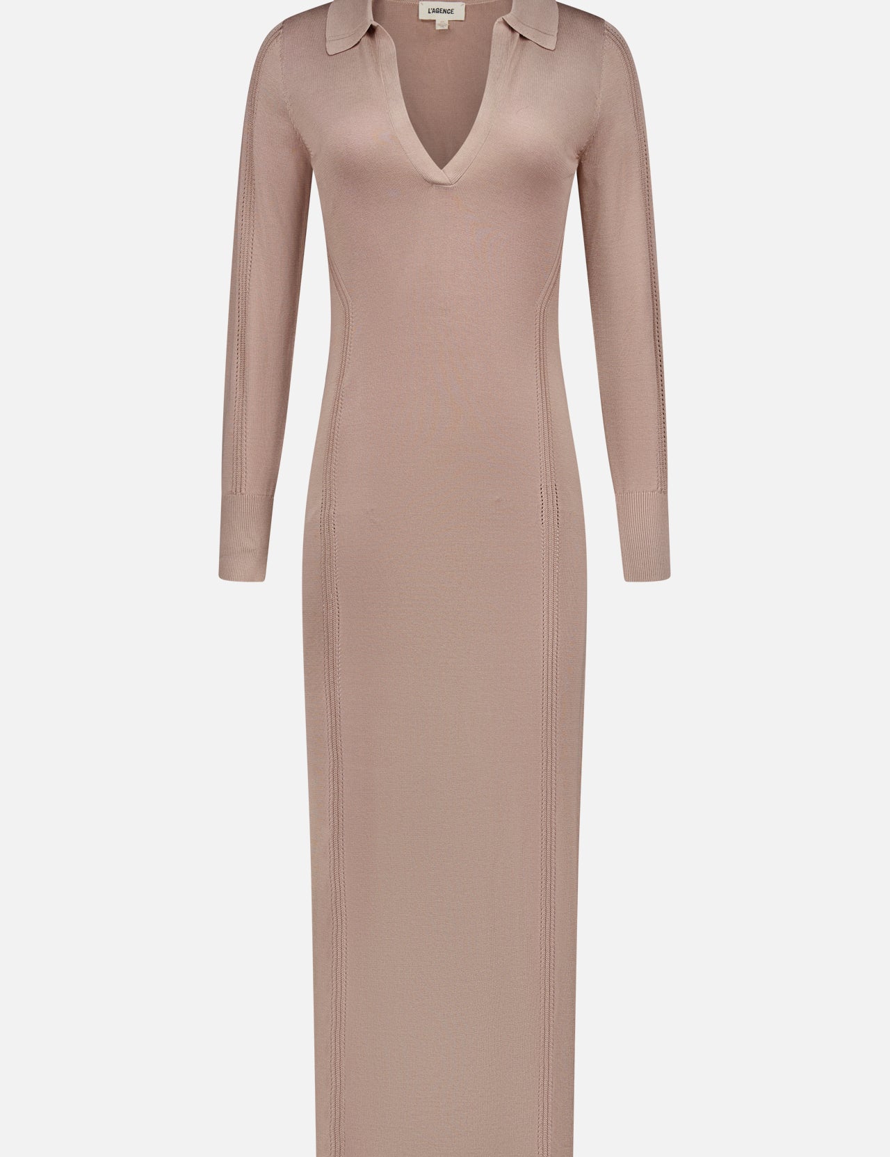 The Delma Collared Knit Maxi Dress by L'AGENCE is a taupe ribbed knit dress with long sleeves, a plunge neckline collar, and a fitted midi silhouette, shown on a white background.