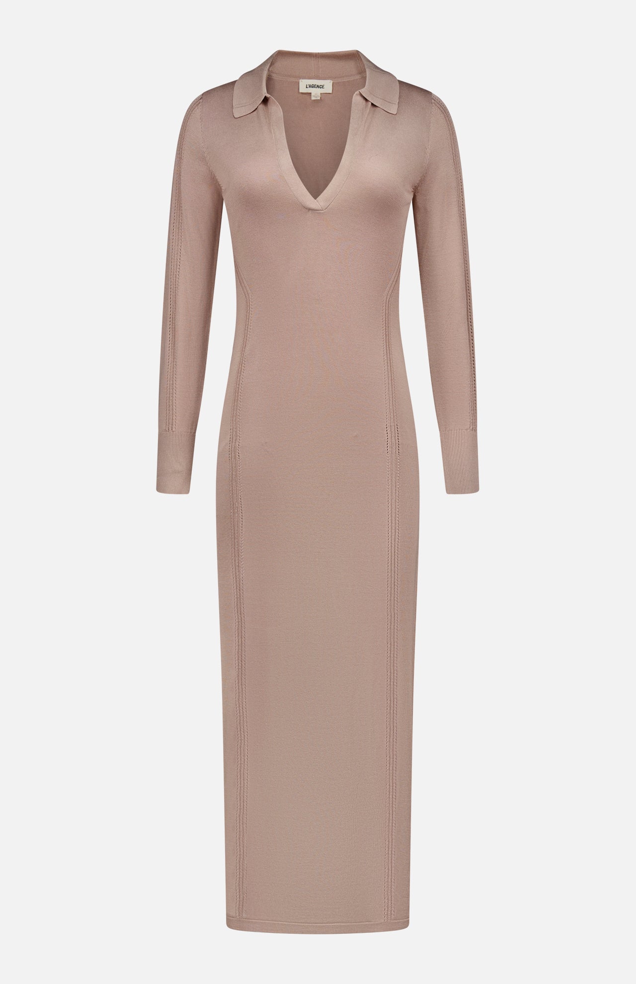 The Delma Collared Knit Maxi Dress by L'AGENCE is a taupe ribbed knit dress with long sleeves, a plunge neckline collar, and a fitted midi silhouette, shown on a white background.