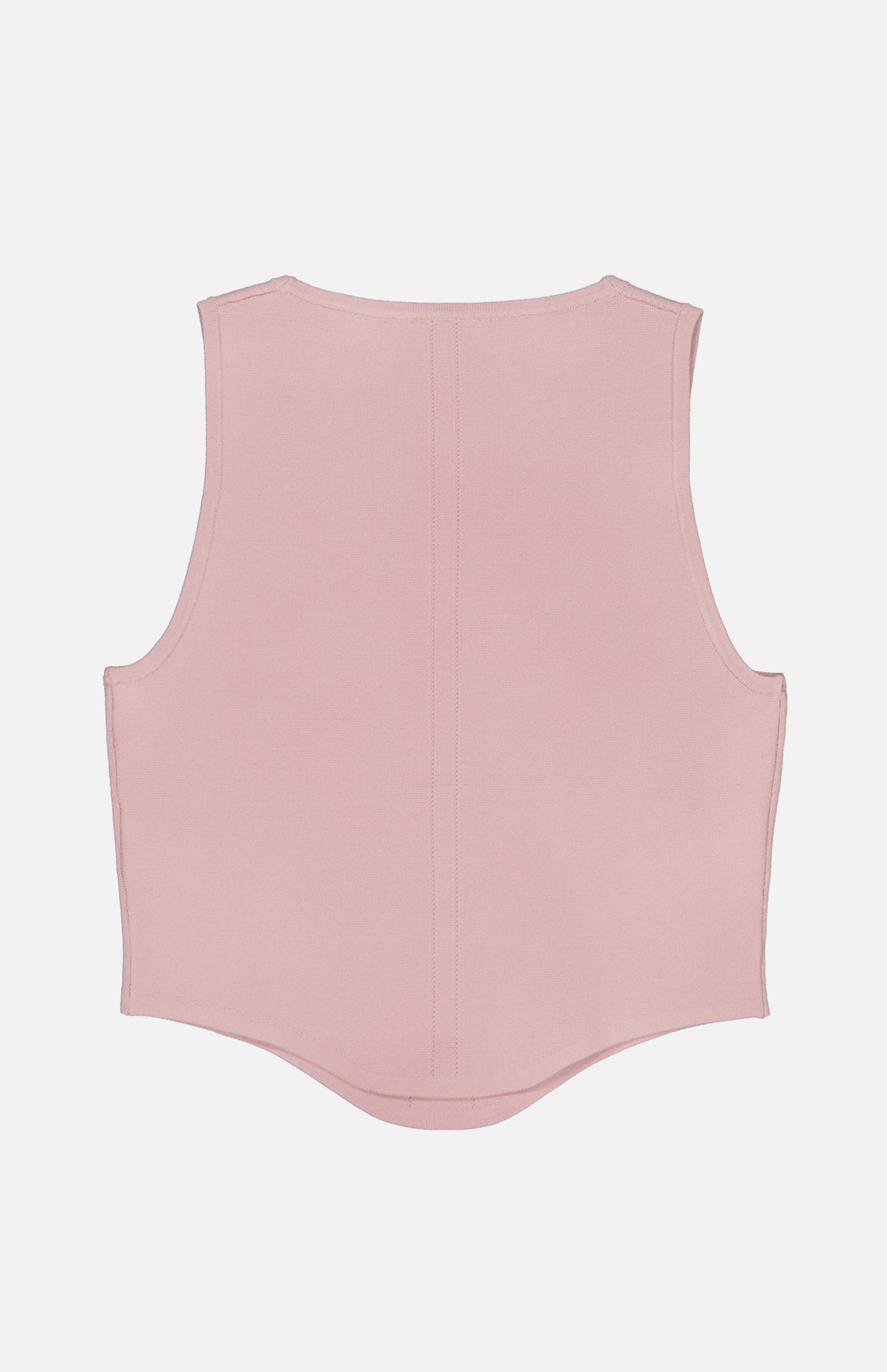 The Dove Scoop Neck Knit Corset Top by L'AGENCE is a sleeveless, pale pink top shown from the back, featuring a simple, seamless power knit design with a subtly curved hem and no visible closures or embellishments.