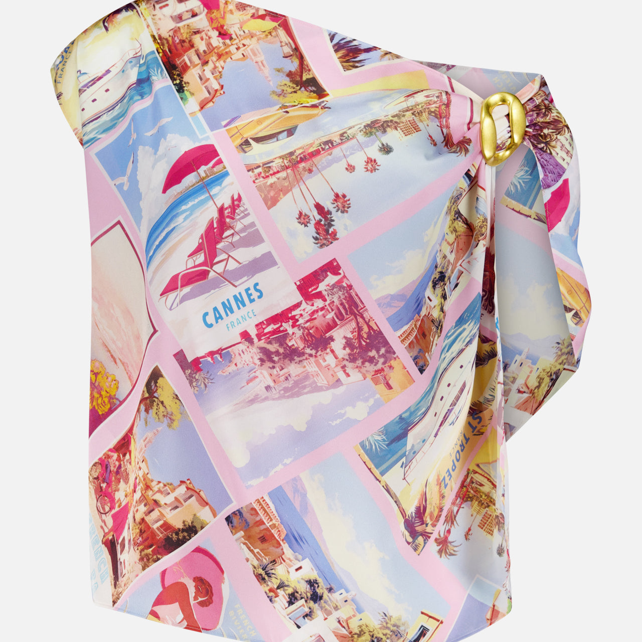 The Driselle Scarf Top by L'AGENCE features a pink design with a gold-tone buckle and a vibrant summer vacation print of vintage postcard beaches, resorts, and umbrellas in pastel pink, blue, and yellow.