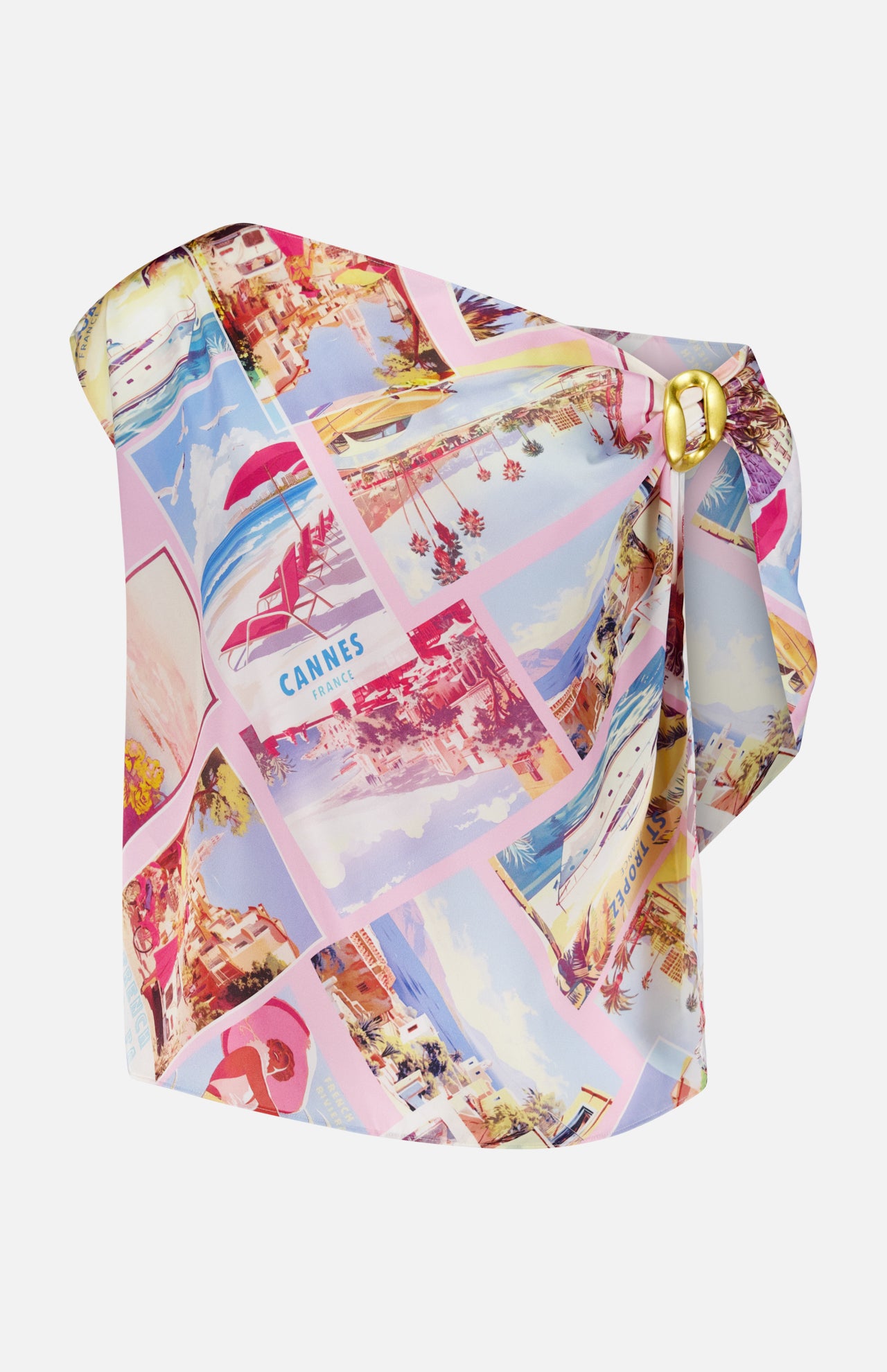 The Driselle Scarf Top by L'AGENCE features a pink design with a gold-tone buckle and a vibrant summer vacation print of vintage postcard beaches, resorts, and umbrellas in pastel pink, blue, and yellow.