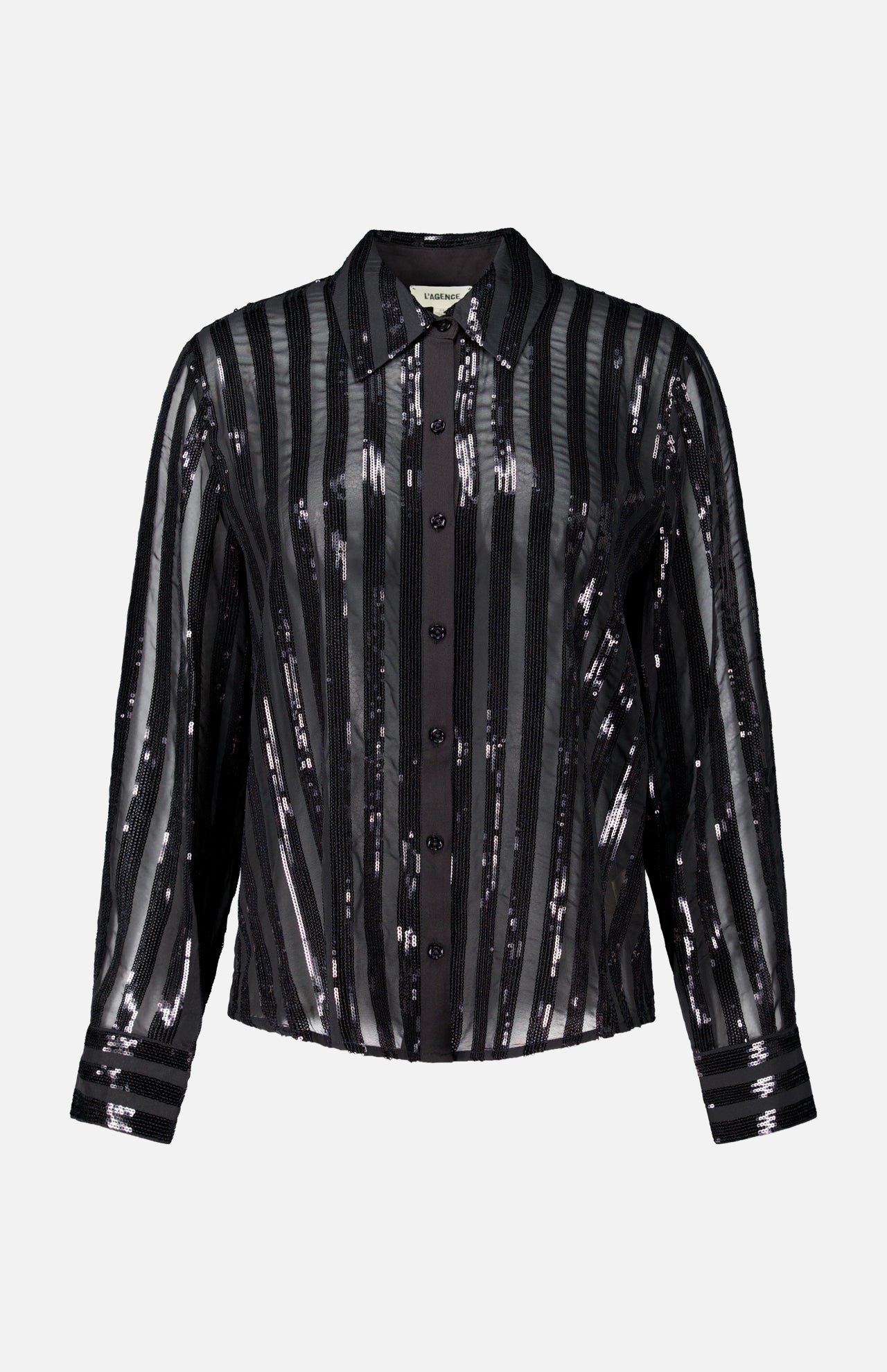 Dyana Long Sleeve Sequin Blouse in black with vertical stripes and long sleeves.