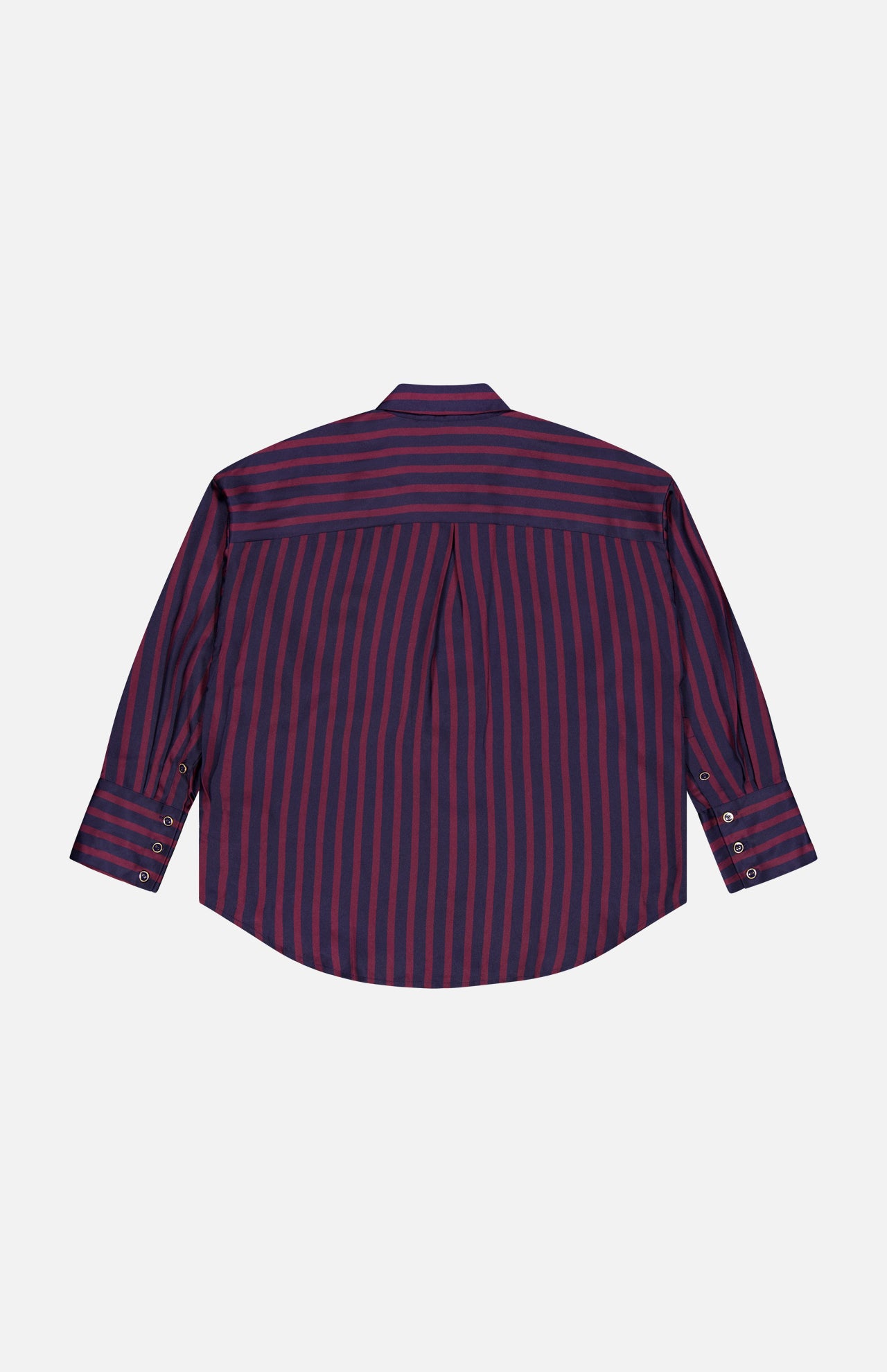 Back view of the L’Agence Eliora Relaxed Stripe Blouse, featuring navy and plum stripes and wide cuffs with three buttons.