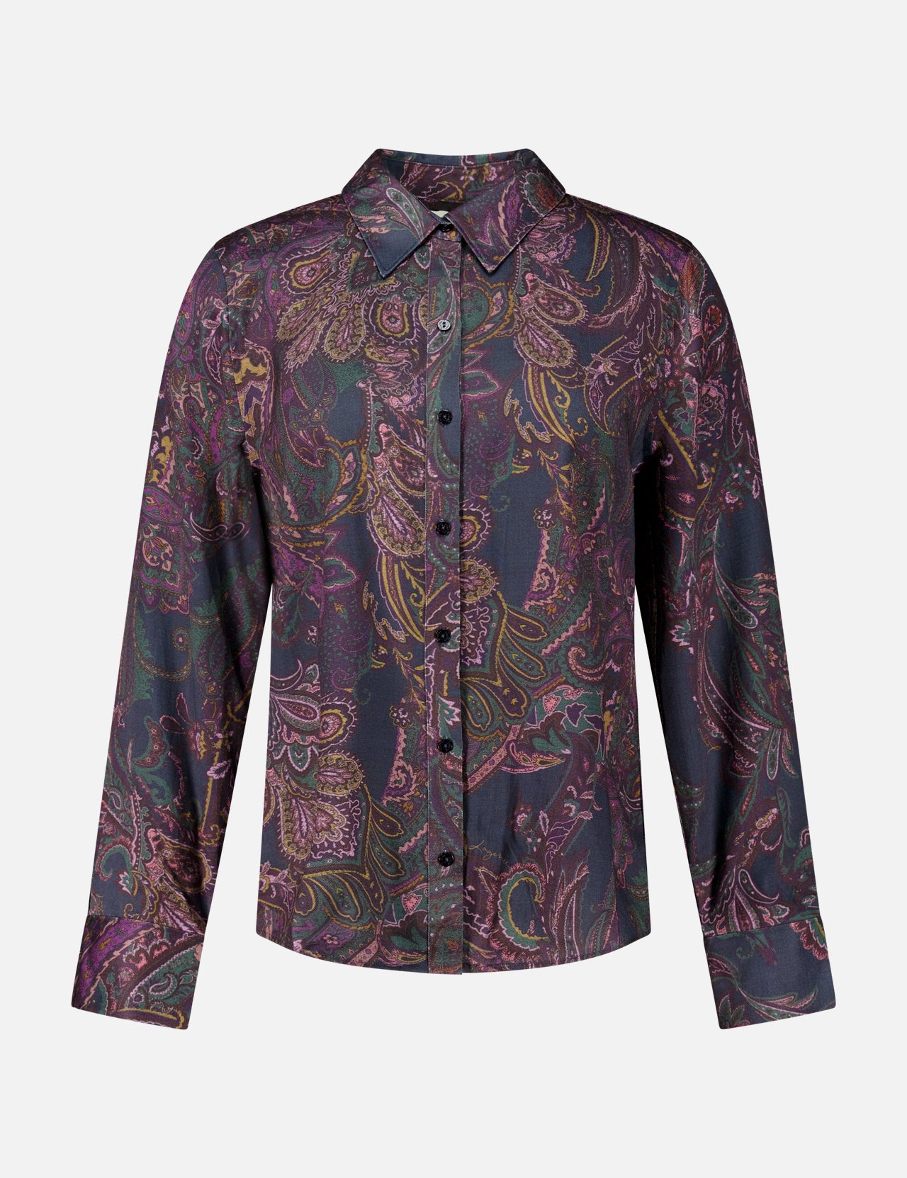 Ellery Long Sleeve Paisley Blouse in a dark purple and pink lightweight twill.