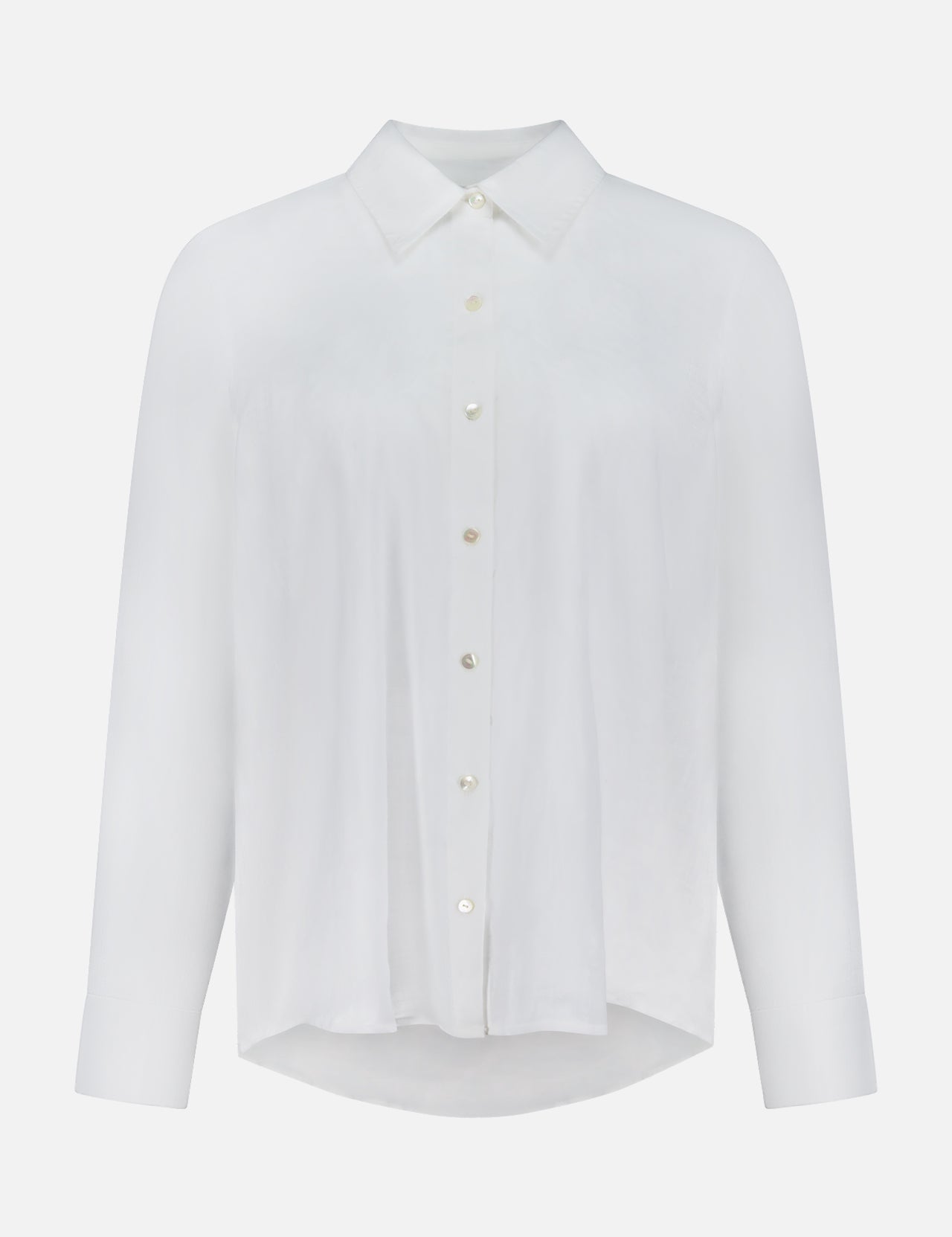 The L'AGENCE Ellery Long Sleeve Sheer Blouse is a versatile women's top in white ramie with a pointed collar, straight cuffs, and relaxed fit, showcased on a white background.