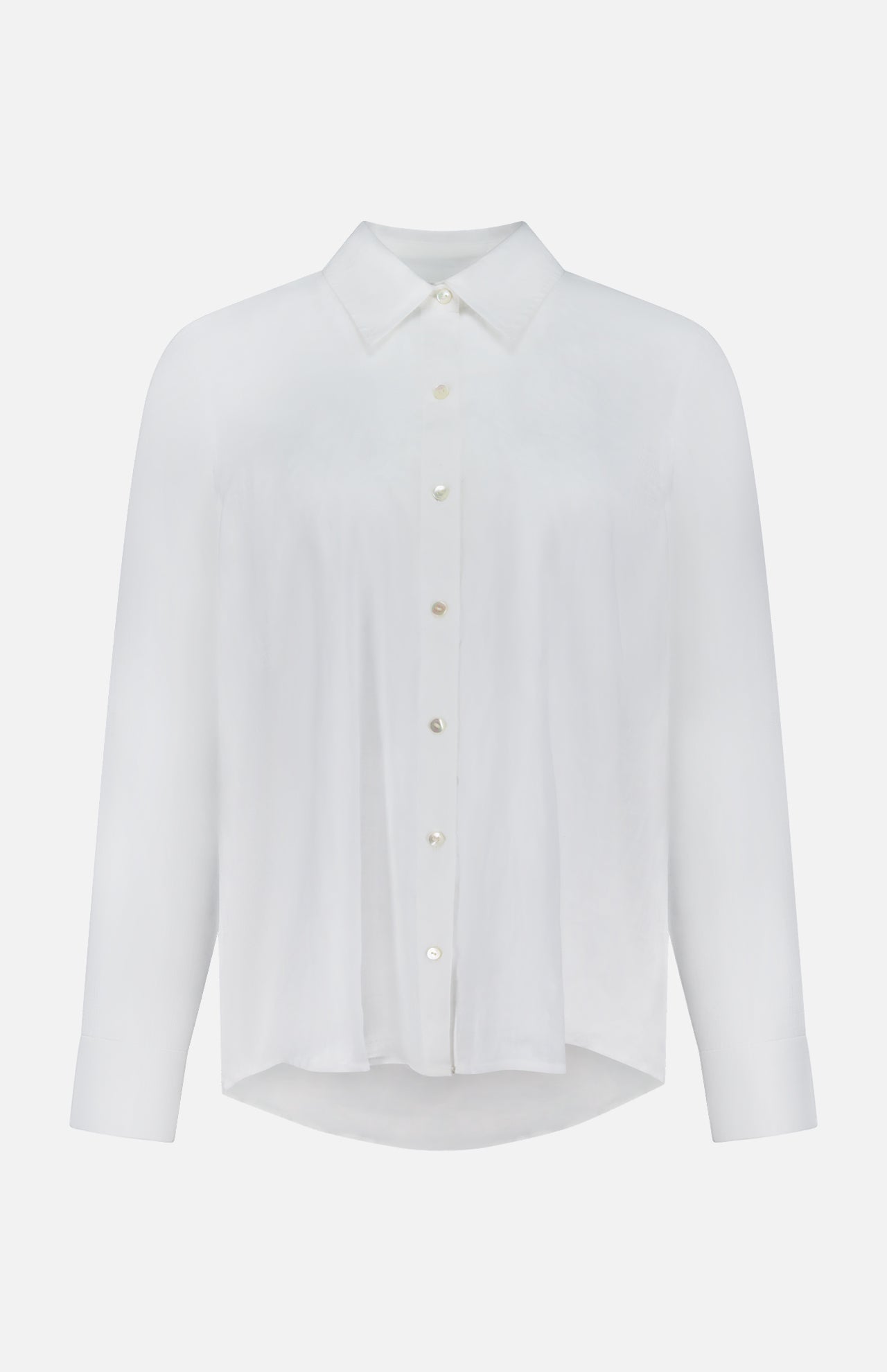 The L'AGENCE Ellery Long Sleeve Sheer Blouse is a versatile women's top in white ramie with a pointed collar, straight cuffs, and relaxed fit, showcased on a white background.