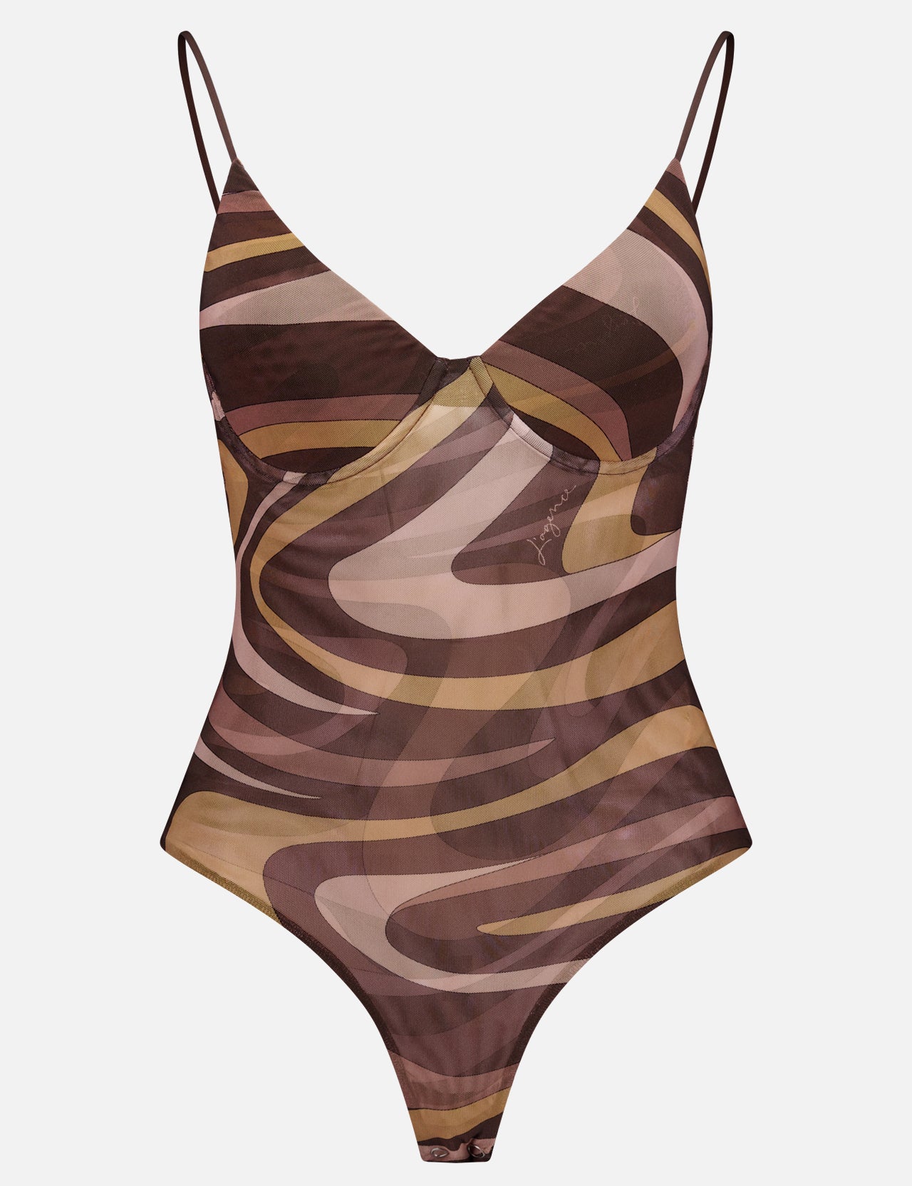 The Elowen Underwire Swirl Print Bodysuit by L'AGENCE features a brown and beige abstract swirl print, thin shoulder straps, a V-neckline, and high-cut legs, displayed against a plain white background.