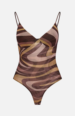 The Elowen Underwire Swirl Print Bodysuit by L'AGENCE features a brown and beige abstract swirl print, thin shoulder straps, a V-neckline, and high-cut legs, displayed against a plain white background.