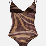 The Elowen Underwire Swirl Print Bodysuit by L'AGENCE features thin straps and a sheer mesh design with an abstract swirl pattern in shades of brown, tan, and mauve, shown against a white background.