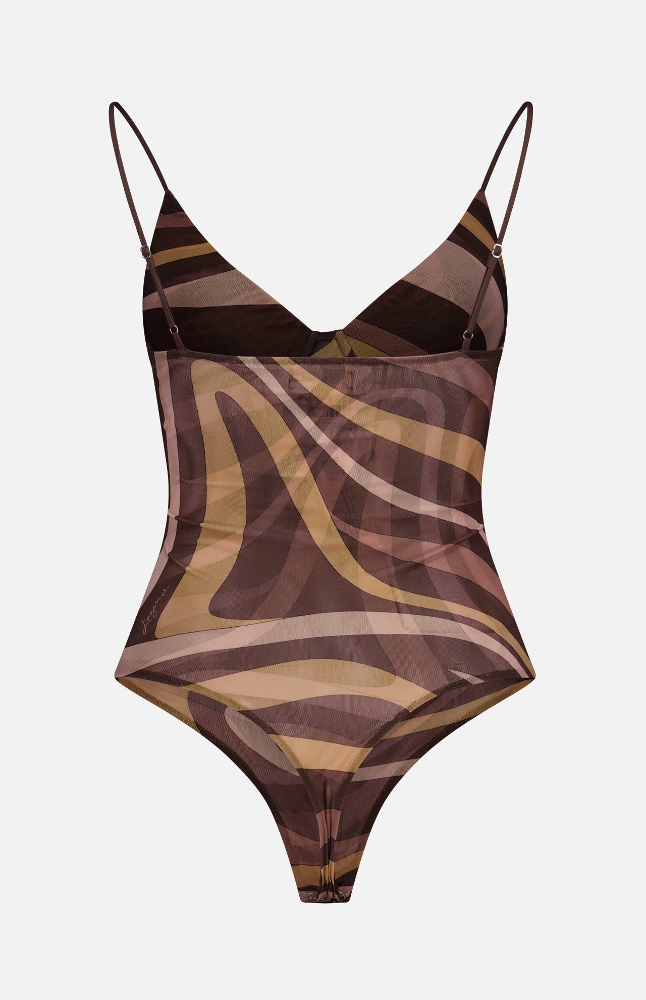 The Elowen Underwire Swirl Print Bodysuit by L'AGENCE features thin straps and a sheer mesh design with an abstract swirl pattern in shades of brown, tan, and mauve, shown against a white background.