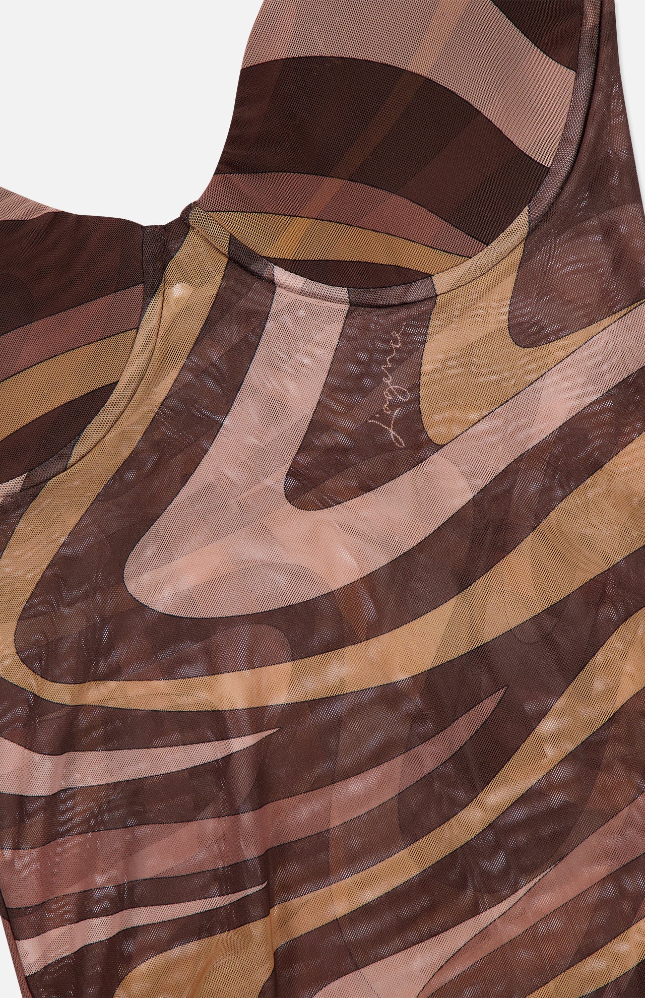 A close-up of the L'AGENCE Elowen Underwire Swirl Print Bodysuit showcases its sheer mesh fabric adorned with abstract, wavy patterns in brown, tan, and beige. The elegant swirl print and subtle sepia tones add depth and visual interest, making this a modern statement piece.
