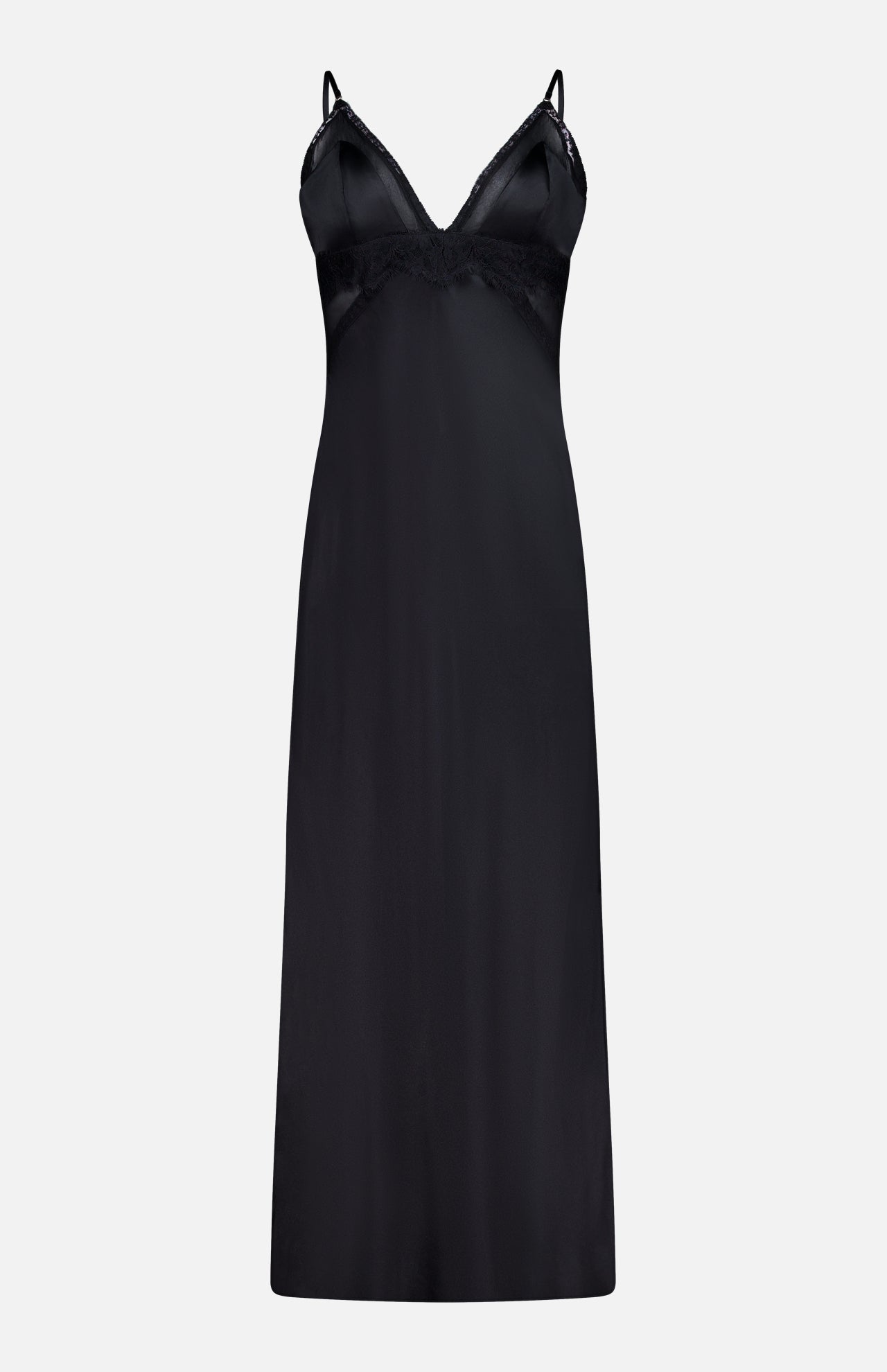 The Elsa Lingerie Maxi Dress by L'AGENCE is a black satin slip dress with thin straps, a deep V-neckline, and lace trim on the bust and straps. It offers a smooth, elegant finish and a timeless silhouette perfect for evening wear.