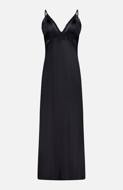 The Elsa Lingerie Maxi Dress by L'AGENCE is a black satin slip dress with thin straps, a deep V-neckline, and lace trim on the bust and straps. It offers a smooth, elegant finish and a timeless silhouette perfect for evening wear.