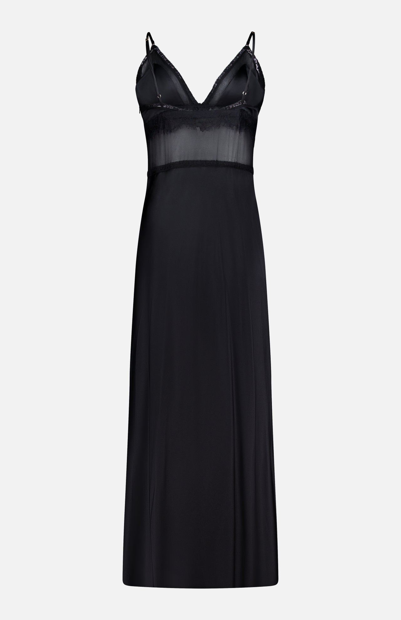 The Elsa Lingerie Maxi Dress by L'AGENCE is a long black slip dress featuring spaghetti straps, a deep V-neckline, and lace accents at the bust and waist—ideal for an elegant evening look.