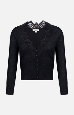 The Eluna Lace Detail Cardigan by L’AGENCE is a black long-sleeve sweater featuring elegant lace accents around the deep V-neckline and matching black buttons down the front. This lightweight transitional piece is showcased against a plain white background.