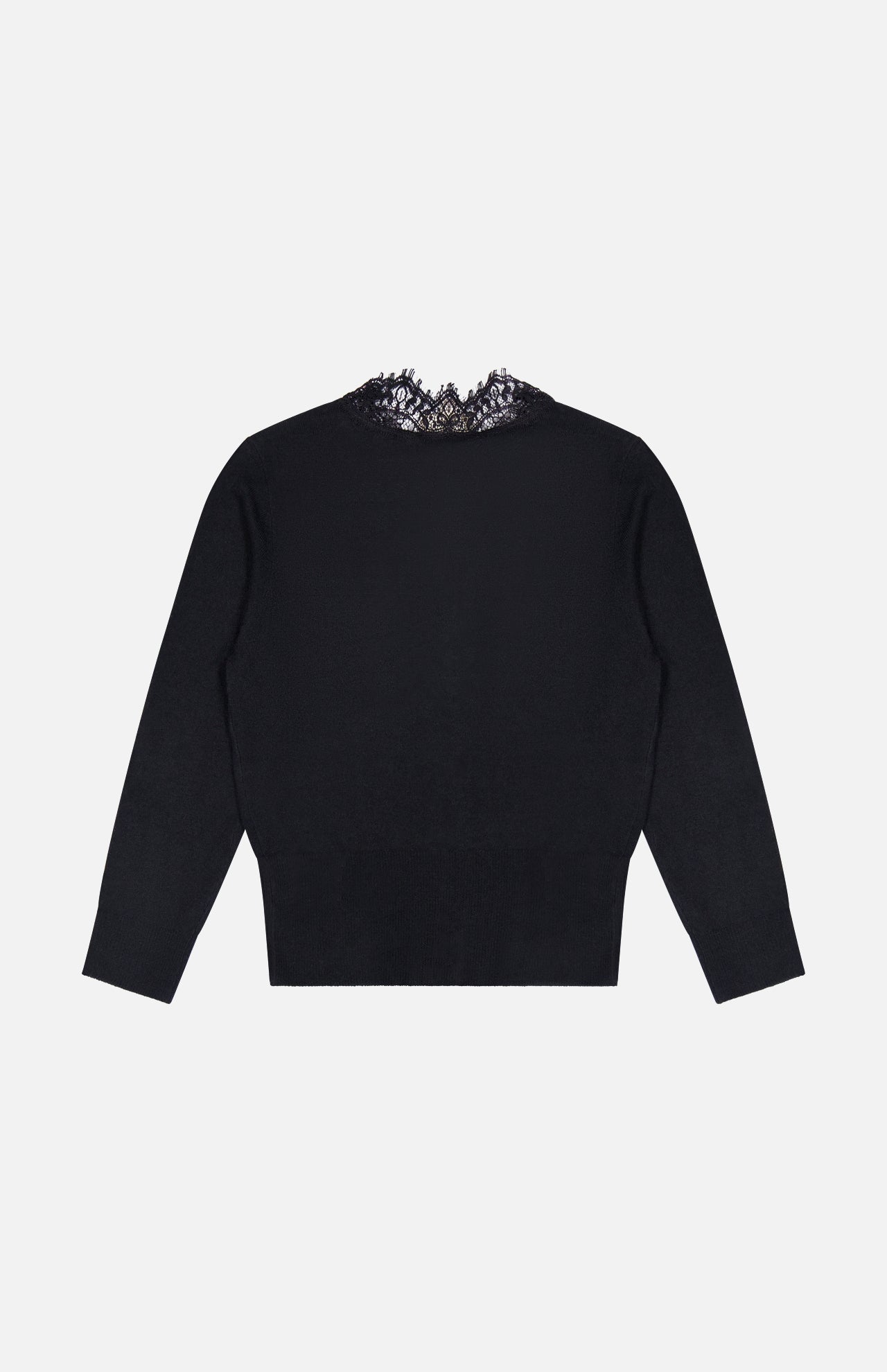 The Eluna Lace Detail Cardigan by L’AGENCE is shown from the back in black, featuring a delicate lace trim detail along the neckline. This long-sleeve v-neck cardigan has a lightweight, classic design with a straight hem and no visible fastenings.