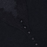 A close-up of the Eluna Lace Detail Cardigan by L’AGENCE showcases its delicate black lace with a triangular pattern and a row of small, rounded black buttons down the front. This lightweight cardigan seamlessly blends elegance and comfort, making it an ideal layering piece for any season.