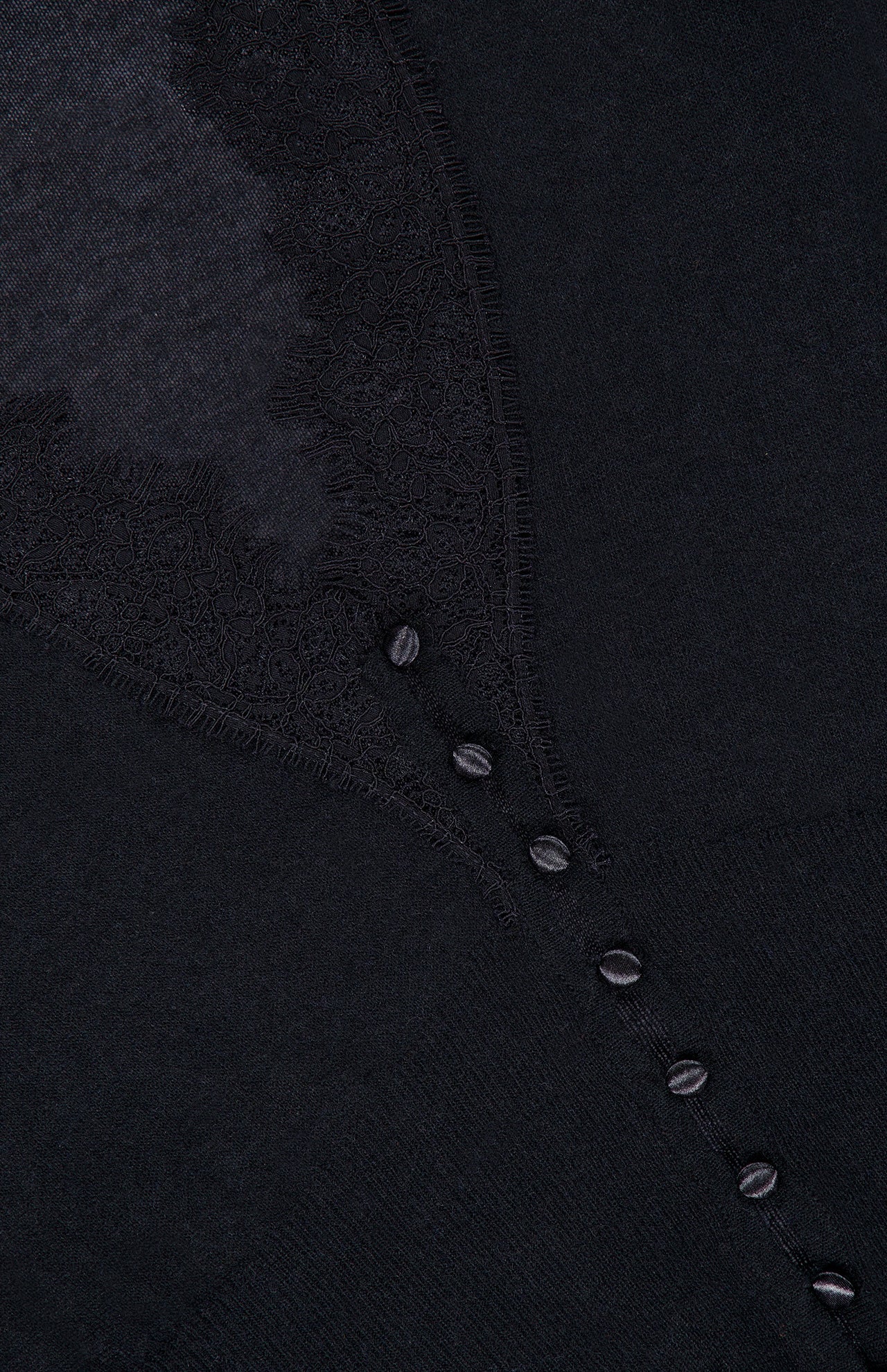A close-up of the Eluna Lace Detail Cardigan by L’AGENCE showcases its delicate black lace with a triangular pattern and a row of small, rounded black buttons down the front. This lightweight cardigan seamlessly blends elegance and comfort, making it an ideal layering piece for any season.