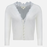 The Eluna Lace Detail Cardigan by L'AGENCE is an off-white, long-sleeve cardigan with a deep V-neckline, lace trim on the collar, and fabric-covered front buttons.