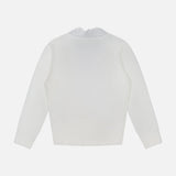 The Eluna Lace Detail Cardigan by L'AGENCE is displayed from the back, featuring a plain off-white design with long sleeves and lace-trimmed detail around the neckline for an elegant finish.