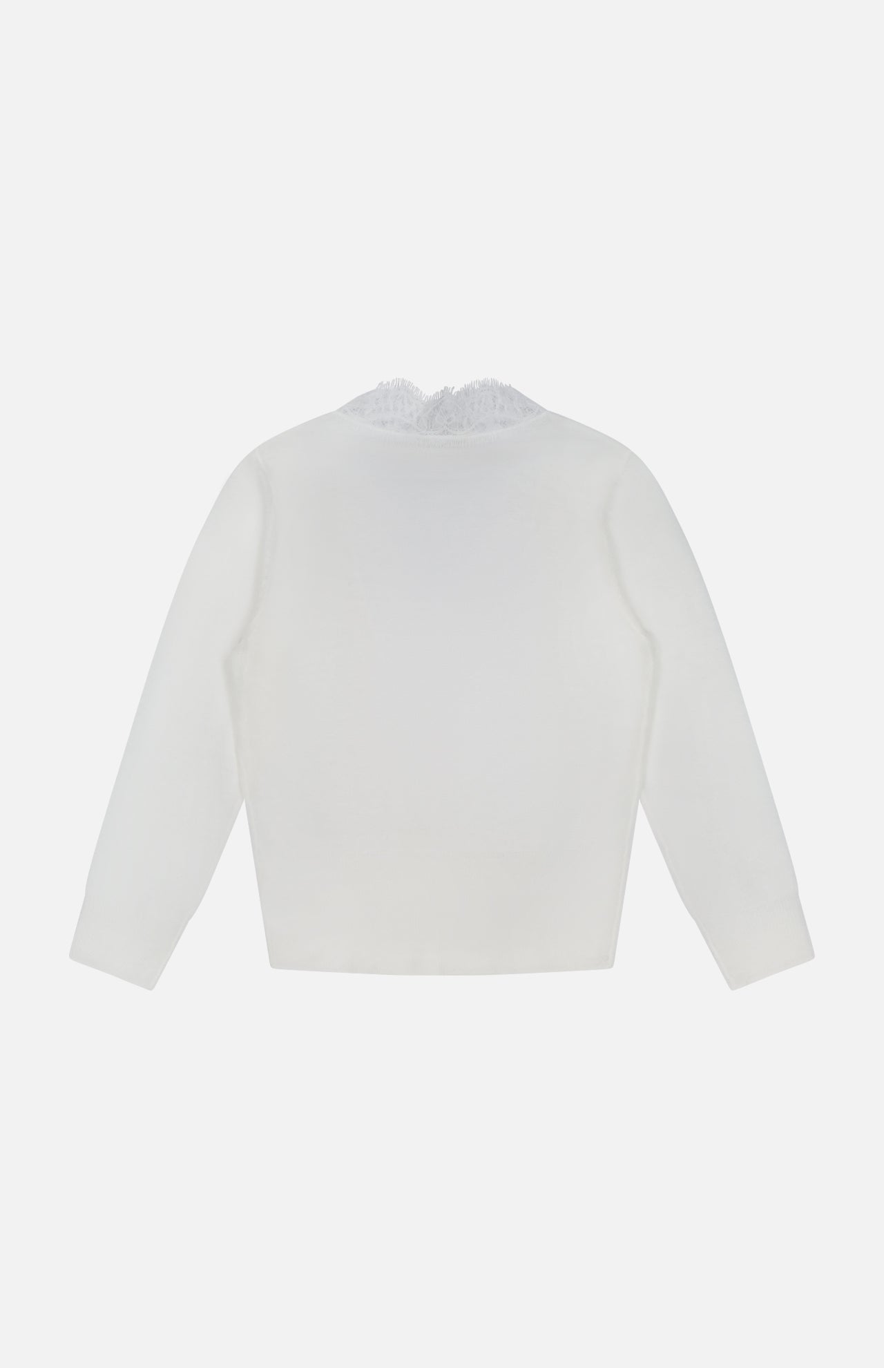 The Eluna Lace Detail Cardigan by L'AGENCE is displayed from the back, featuring a plain off-white design with long sleeves and lace-trimmed detail around the neckline for an elegant finish.
