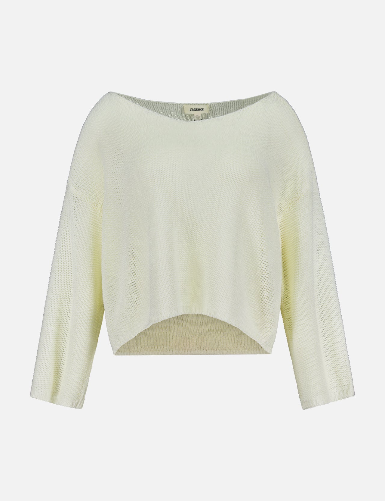 The Ethan Knit Pullover Sweater by L'AGENCE features a light yellow, open-weave knit, long sleeves, a wide boat neckline, and a slightly curved cropped hem, shown on a plain white background.
