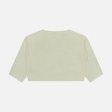 The L'AGENCE Ethan Knit Pullover Sweater is a light beige, cropped, long-sleeve relaxed fit style displayed flat on a white background from the back.
