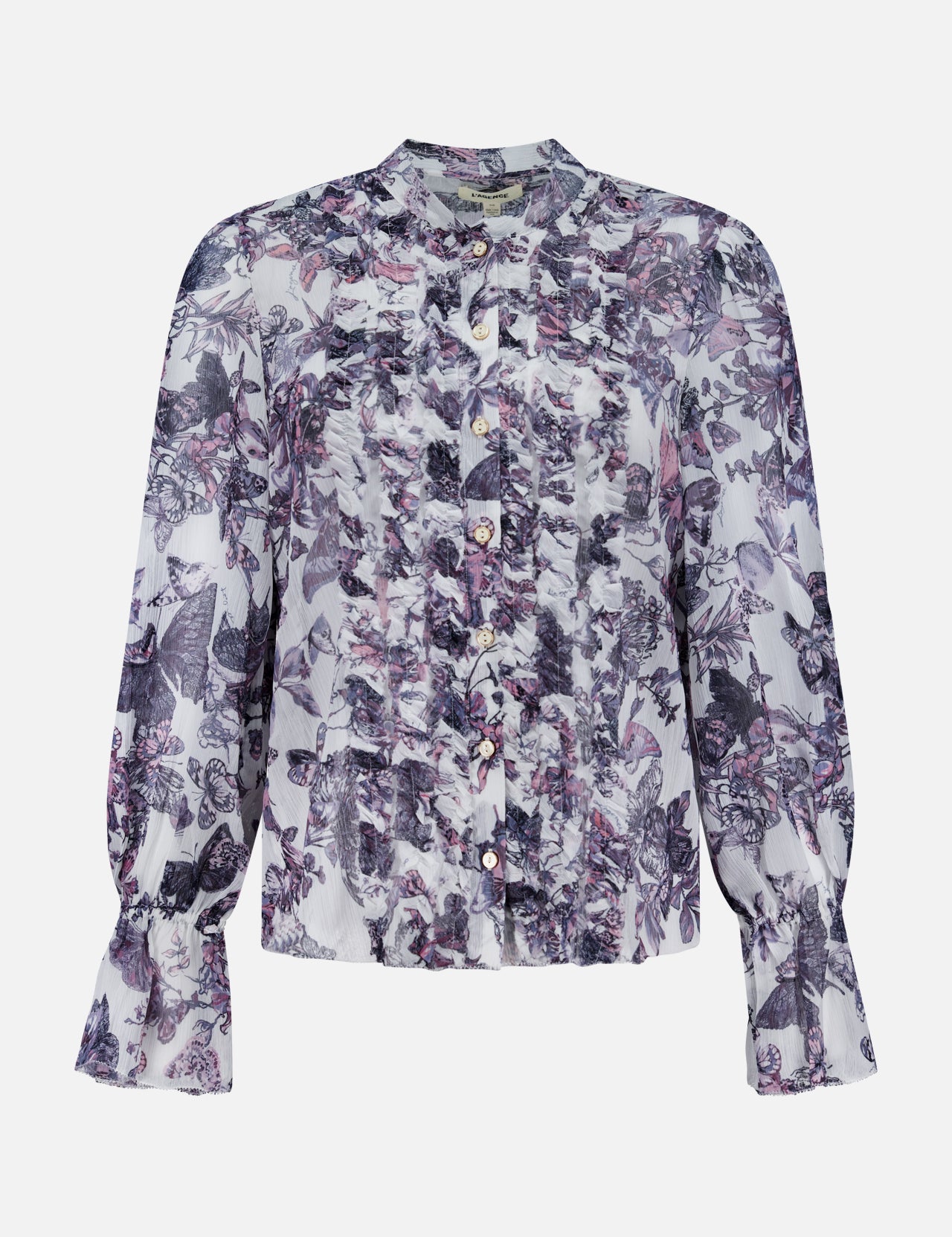 The Eunice Ruffle Sleeve Blouse by L'AGENCE features a sheer chiffon fabric with a purple and black floral print, ruffled front, and flared ruffle cuffs—a lightweight, feminine style perfect for any occasion.