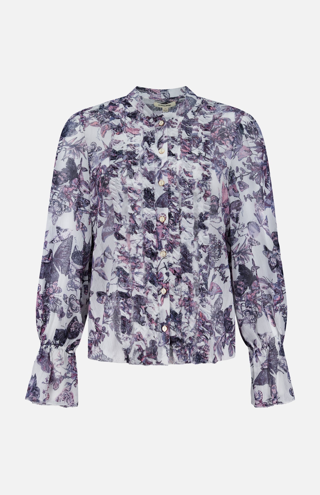 The Eunice Ruffle Sleeve Blouse by L'AGENCE features a sheer chiffon fabric with a purple and black floral print, ruffled front, and flared ruffle cuffs—a lightweight, feminine style perfect for any occasion.