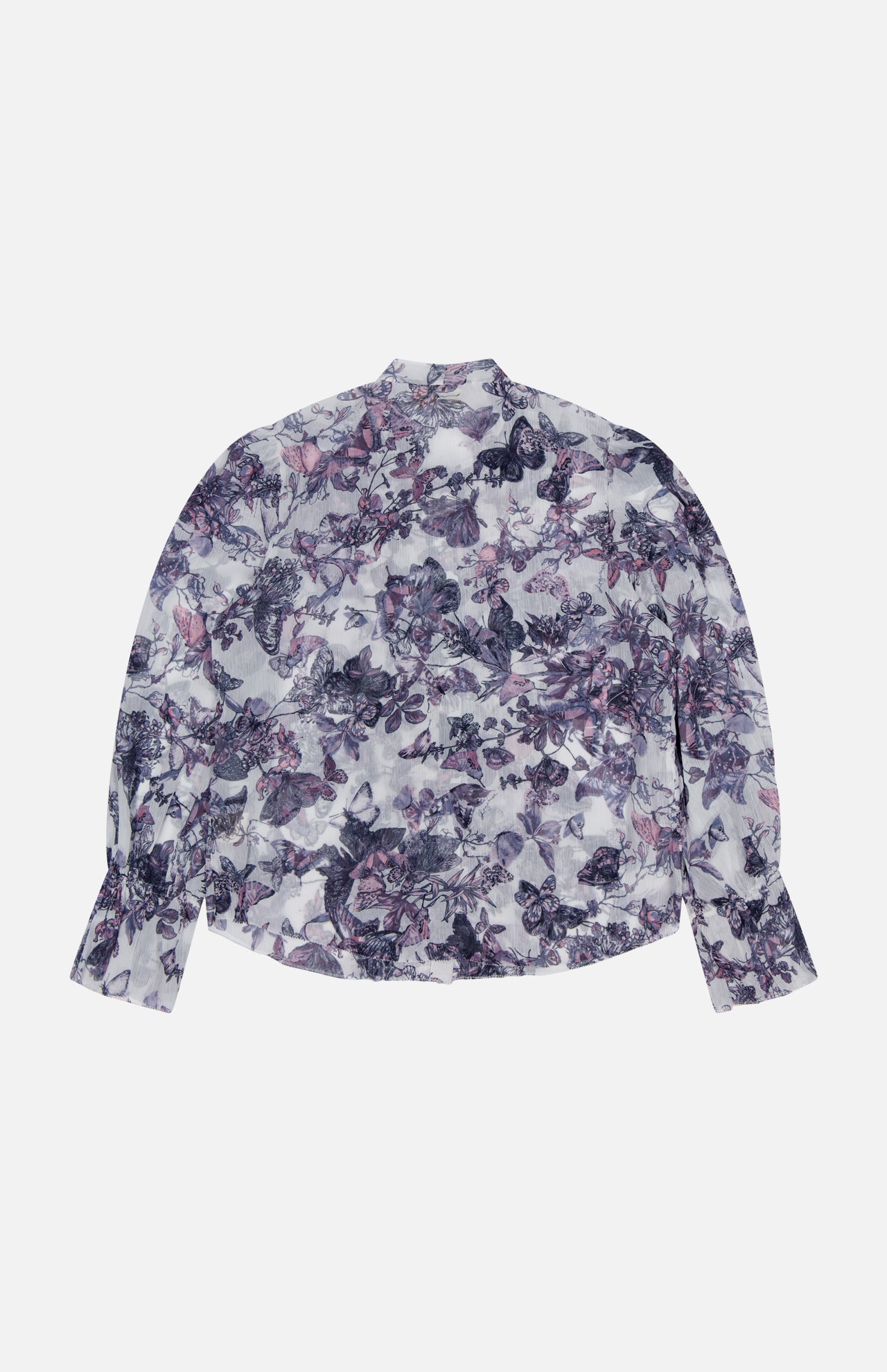 The Eunice Ruffle Sleeve Blouse by L'AGENCE is a sheer chiffon button-down with a high neck, purple and pink floral print, wide ruffled cuffs, and a loose fit, shown flat on a white background.