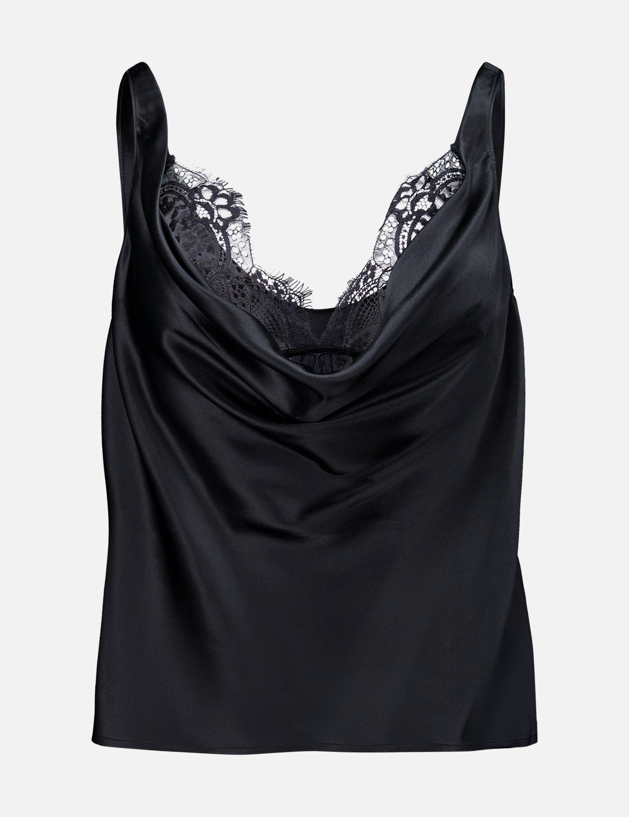 The Evadne Cowl Neck Tank Top by L’AGENCE features a graceful cowl neckline and delicate black lace trim at the bust, crafted in sleek black satin for a timeless and elegant look reminiscent of a classic lace tank top. Shown against a plain white background.