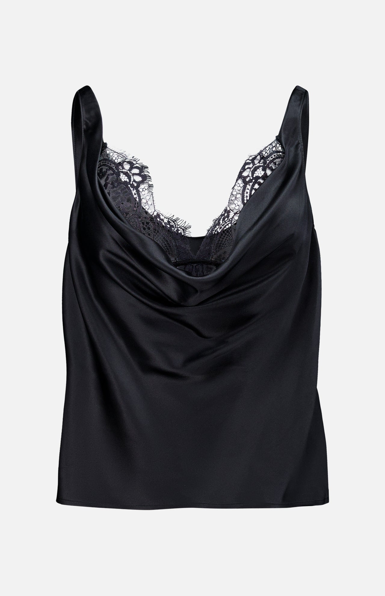 The Evadne Cowl Neck Tank Top by L’AGENCE features a graceful cowl neckline and delicate black lace trim at the bust, crafted in sleek black satin for a timeless and elegant look reminiscent of a classic lace tank top. Shown against a plain white background.