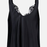 The Evadne Cowl Neck Tank Top by L’AGENCE features a black silk construction with a delicate lace trim along the neckline. Designed with a smooth, shiny finish and wide shoulder straps, this elegant camisole is perfect for layering or wearing on its own. The product is photographed against a plain white background.