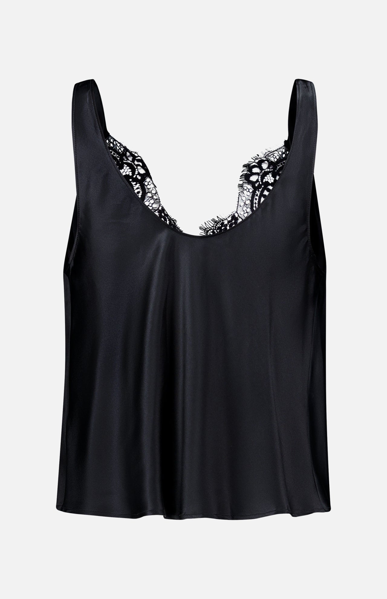 The Evadne Cowl Neck Tank Top by L’AGENCE features a black silk construction with a delicate lace trim along the neckline. Designed with a smooth, shiny finish and wide shoulder straps, this elegant camisole is perfect for layering or wearing on its own. The product is photographed against a plain white background.