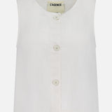 The Foster Sleeveless A-Line Top by L’AGENCE is a white linen tank with a round neckline, button-front detail with four front buttons, and features a visible L’AGENCE label inside the collar.
