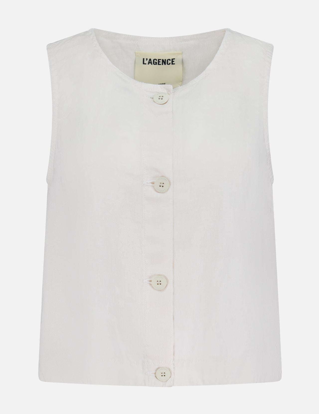 The Foster Sleeveless A-Line Top by L’AGENCE is a white linen tank with a round neckline, button-front detail with four front buttons, and features a visible L’AGENCE label inside the collar.