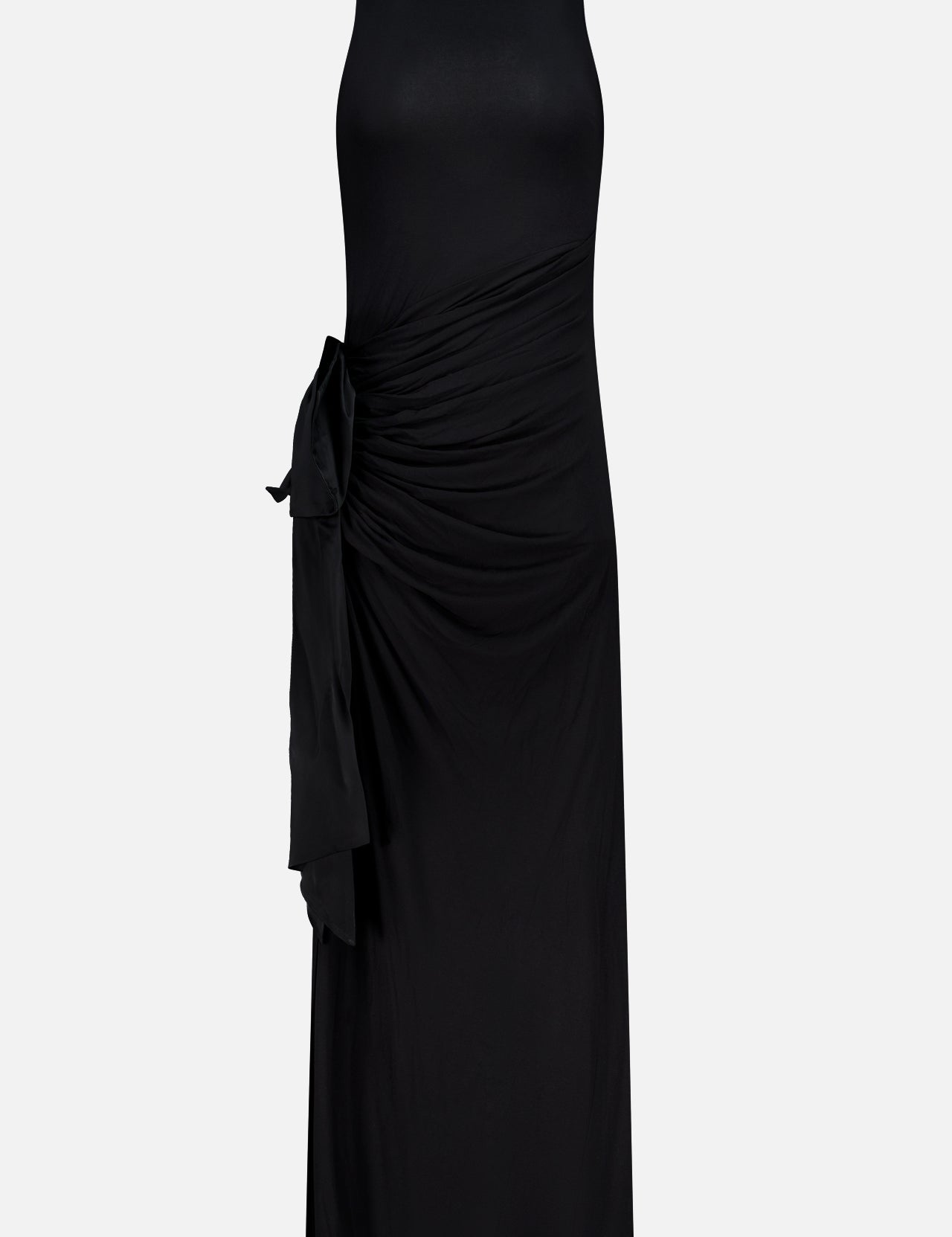L’Agence Frost Shirred Bow Gown, an elegant floor-length black satin sleeveless dress featuring side ruching and a large decorative bow at the hip.