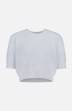 The L'AGENCE Guinevere Short Sleeve Cropped Crewneck Shirt features a pale blue hue, short sleeves, a crew neck, and a relaxed fit, shown against a white background.